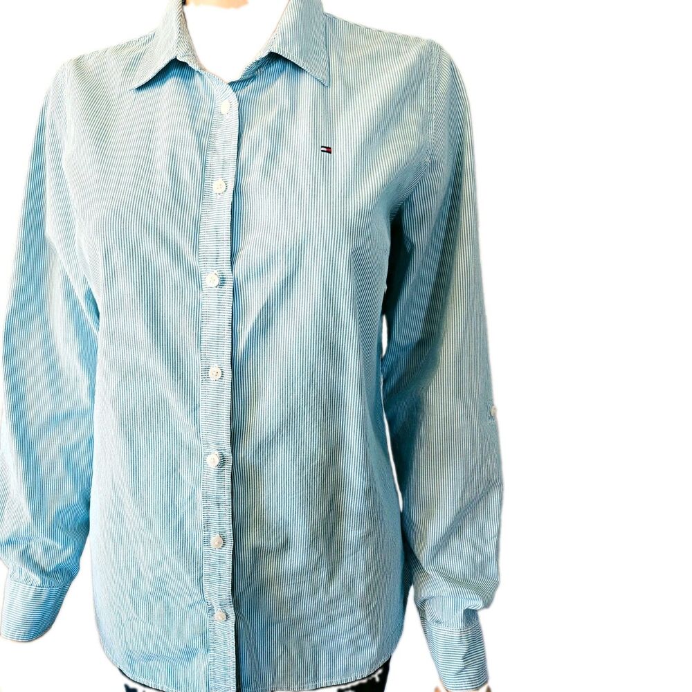 Tommy Hilfiger Women's Classic Fit Striped Collared Button-Up Shirt M
